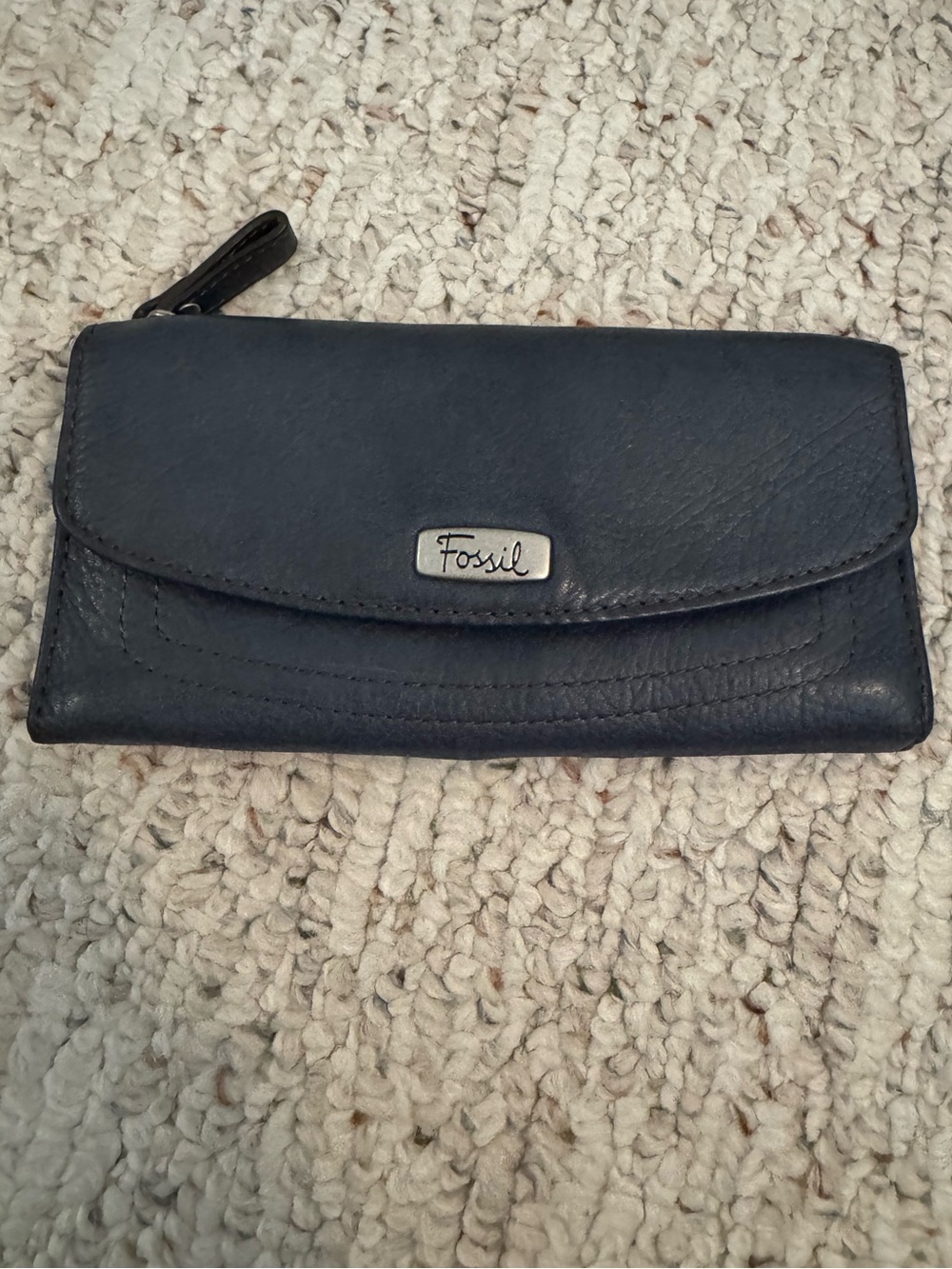 Fossil Blue Leather Trifold Wallet Contrast Stitch